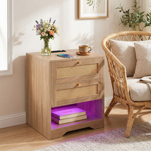 Bedside table with charging station and LED light strip for bedroom and living room - Oak
