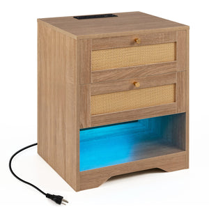 Bedside table with charging station and LED light strip for bedroom and living room - Oak