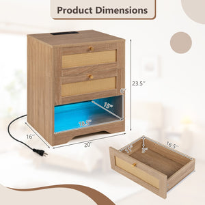 Bedside table with charging station and LED light strip for bedroom and living room - Oak