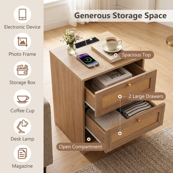 Bedside table with charging station and LED light strip for bedroom and living room - Oak