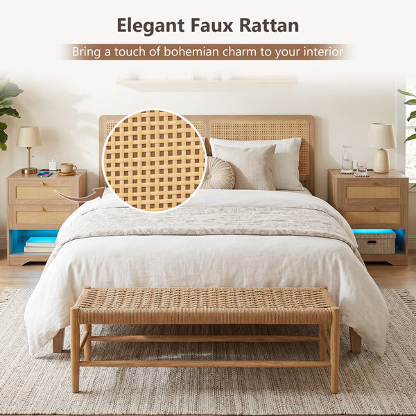 Bedside table with charging station and LED light strip for bedroom and living room - Oak