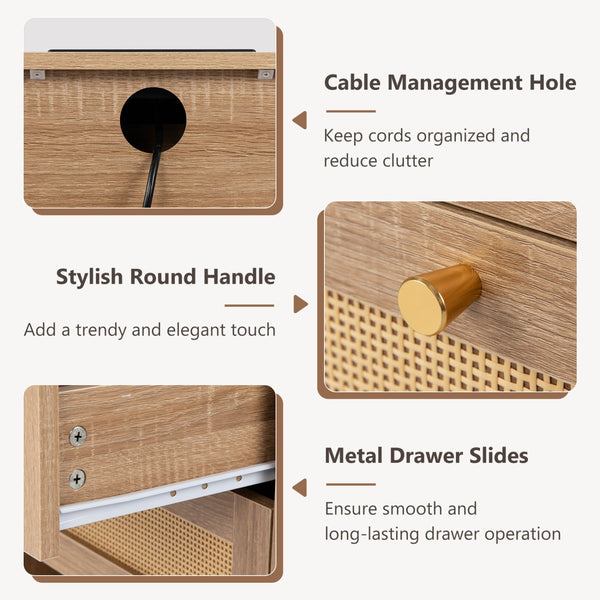 Bedside table with charging station and LED light strip for bedroom and living room - Oak