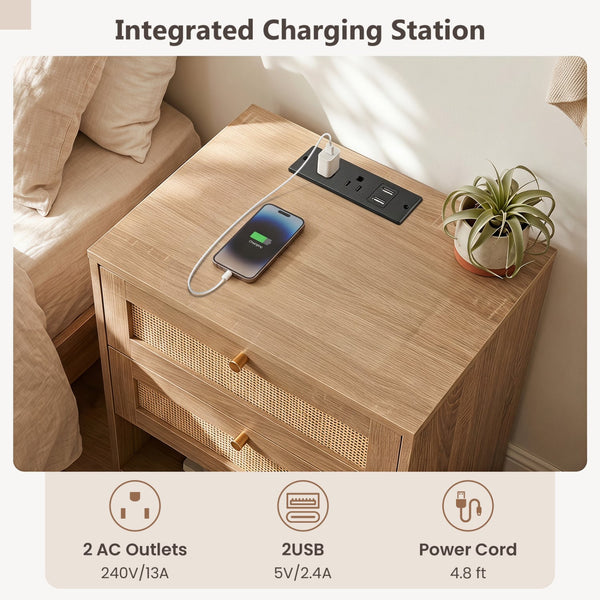 Bedside table with charging station and LED light strip for bedroom and living room - Oak