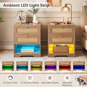 Bedside table with charging station and LED light strip for bedroom and living room - Oak