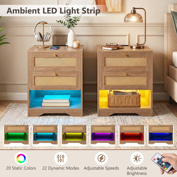 Bedside table with charging station and LED light strip for bedroom and living room - Oak