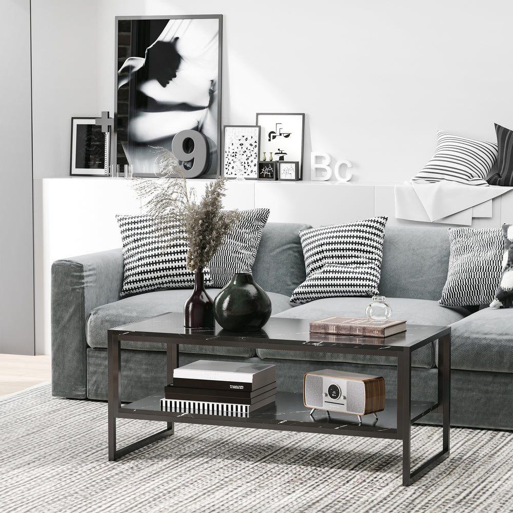 Table basse à 2 niveaux avec étagère de rangement noir