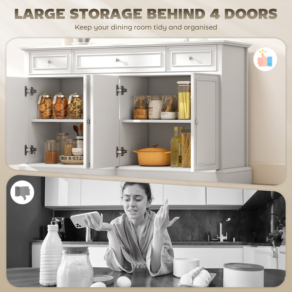Buffet de rangement de cuisine avec portes à fermeture amortie, 3 tiroirs et 2 étagères réglables, blanc