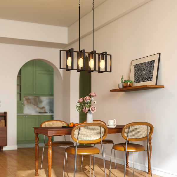 Luminaire suspendu linéaire style ferme, avec 4 abat-jour rotatifs et hauteur réglable, noir