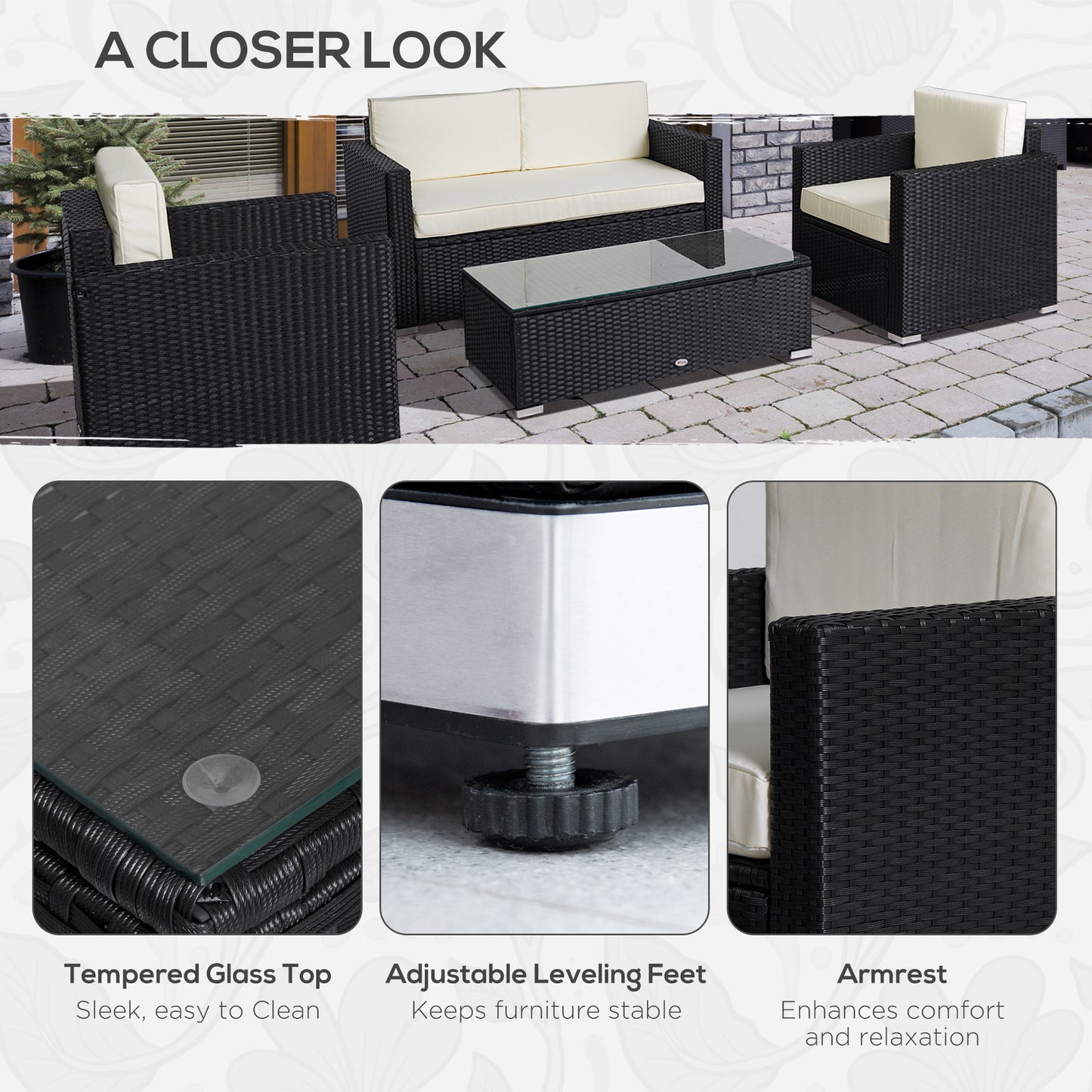Outsunny 4 Pieces Outdoor Wicker Rattan Sofa Set with Cushions, Luxury Sectional, Coffee Color