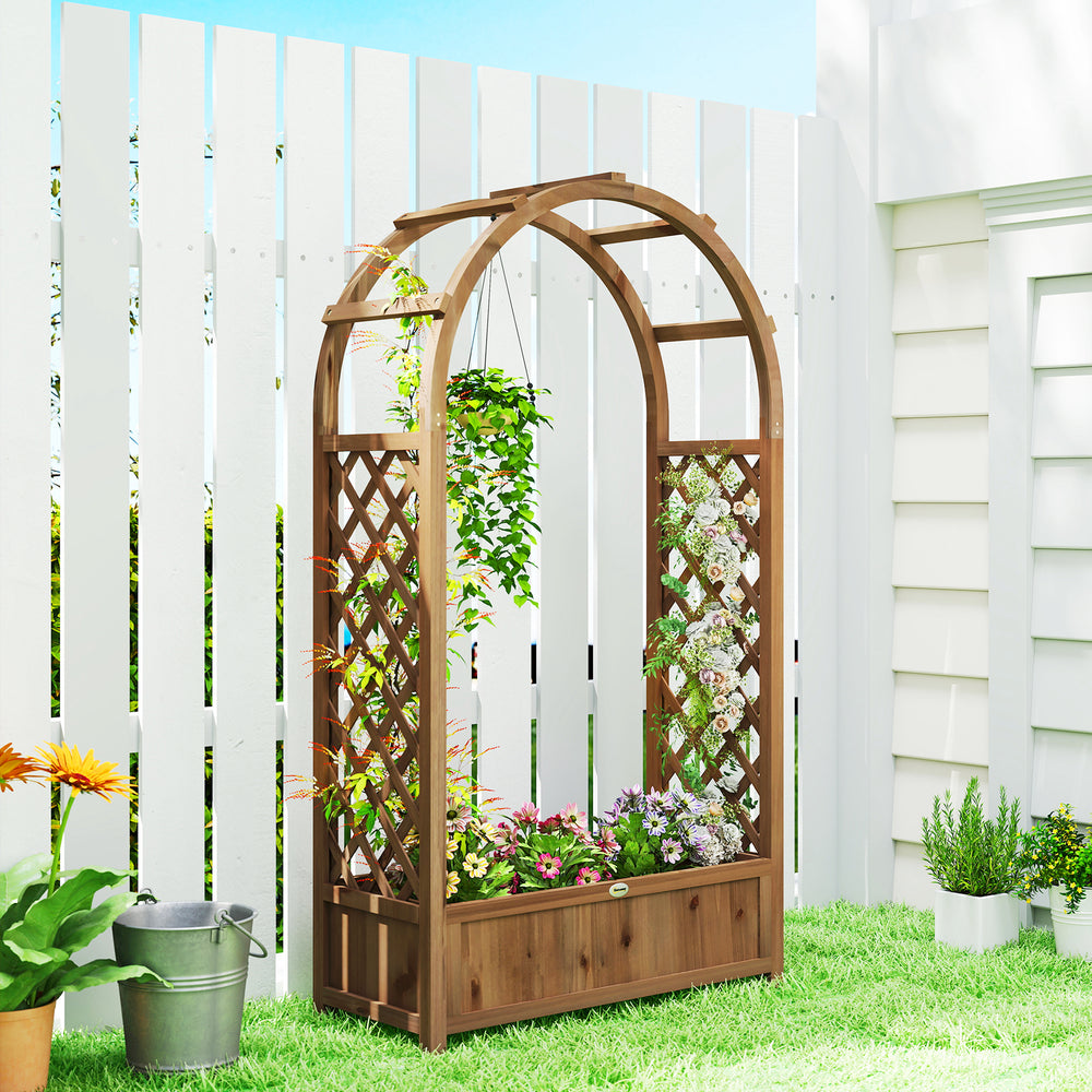 Raised planter with arched trellis, dark brown wood