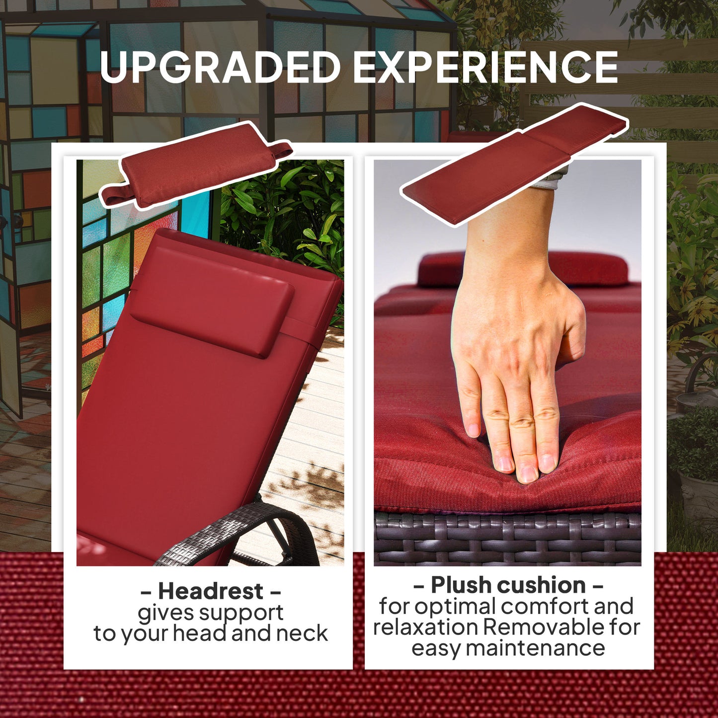 Outsunny Outdoor Sun Lounger, Lounge Chair with Headrest, 5 Level Adjustable, Backrest, Casters, Deep Coffee and Wine Red |