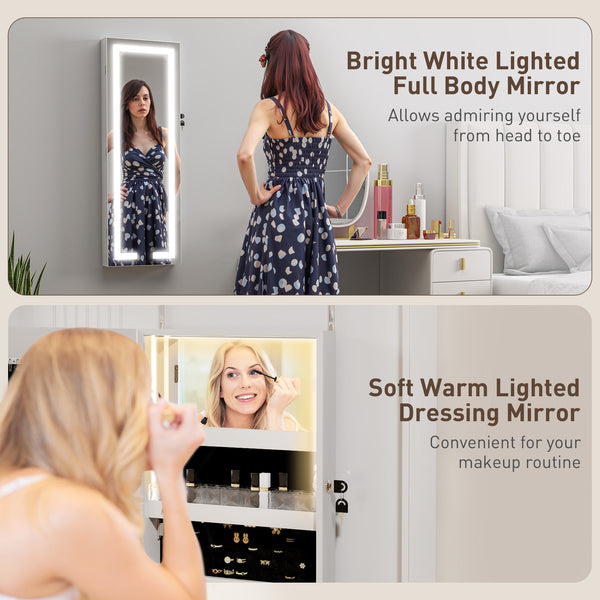 Armoire à bijoux avec éclairage LED et miroir, fixation murale, blanche