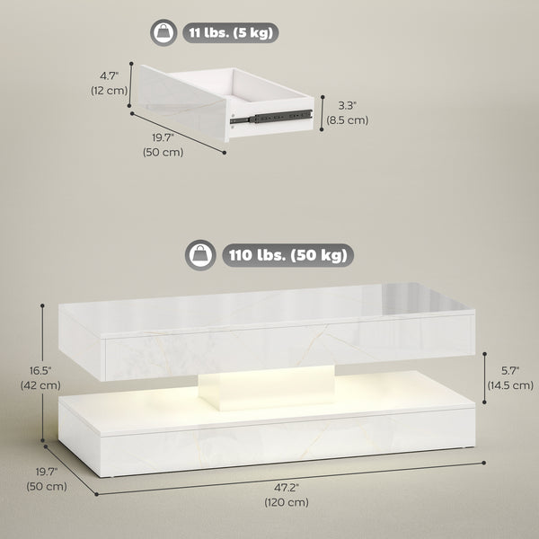 Coffee table with adjustable LED lighting, 2 drawers, open shelf, remote control, glossy white marble-effect lacquered finish
