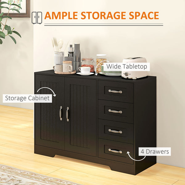 Buffet moderne avec 4 tiroirs et 2 portes à panneaux, noir