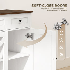 Buffet de cuisine de style campagnard avec portes coulissantes en acrylique et 3 tiroirs, finition bois blanc.