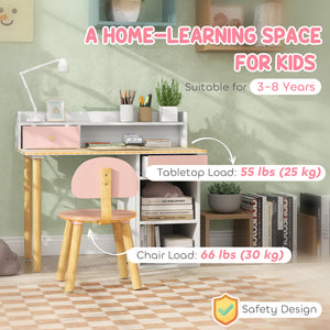 Kids Study Table and Chair Set with Storage and Shelves, for 3-8 Year Olds, Pink