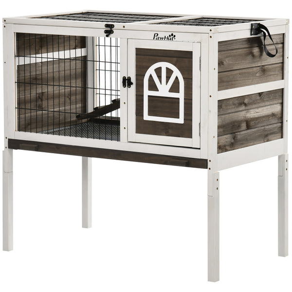 Clapier à double hauteur avec enclos et plateau coulissant, blanc et café