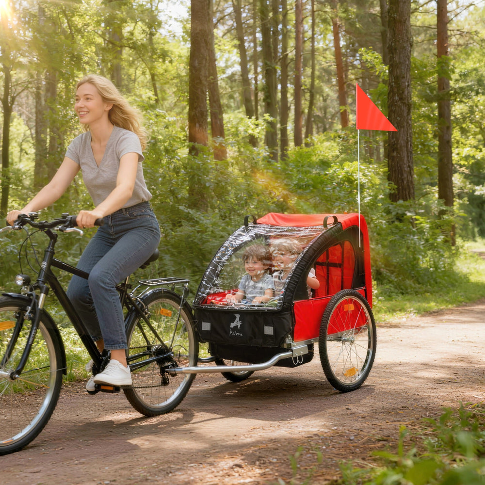 Aosom 2-Seat Child Bike Trailer for Kids with a Strong Steel Frame, 5-Point Safety Harnesses, &amp; Comfortable Seat, Red
