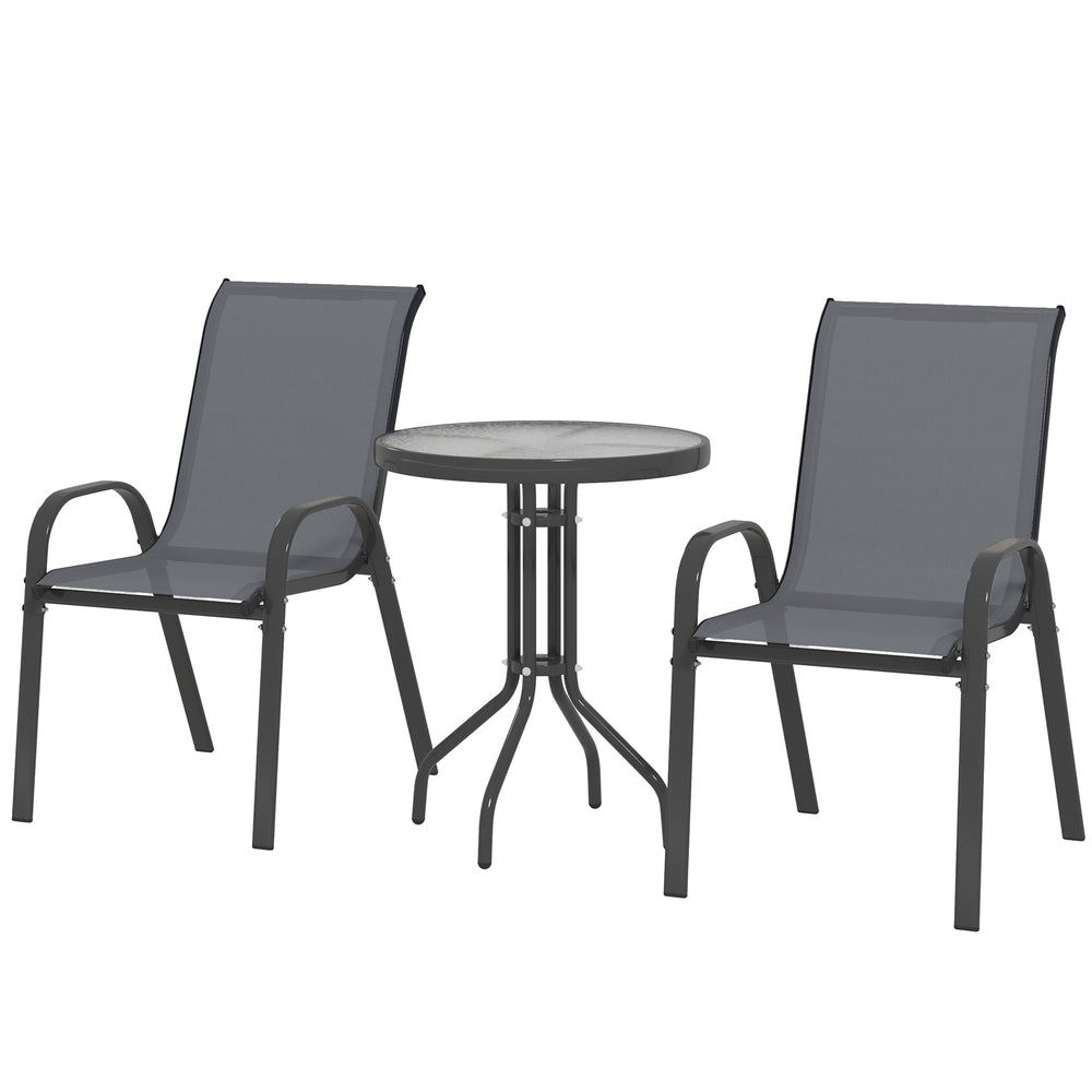 Ensemble bistro 3 pièces avec chaises empilables en maille, table en verre pour jardin, balcon, gris foncé