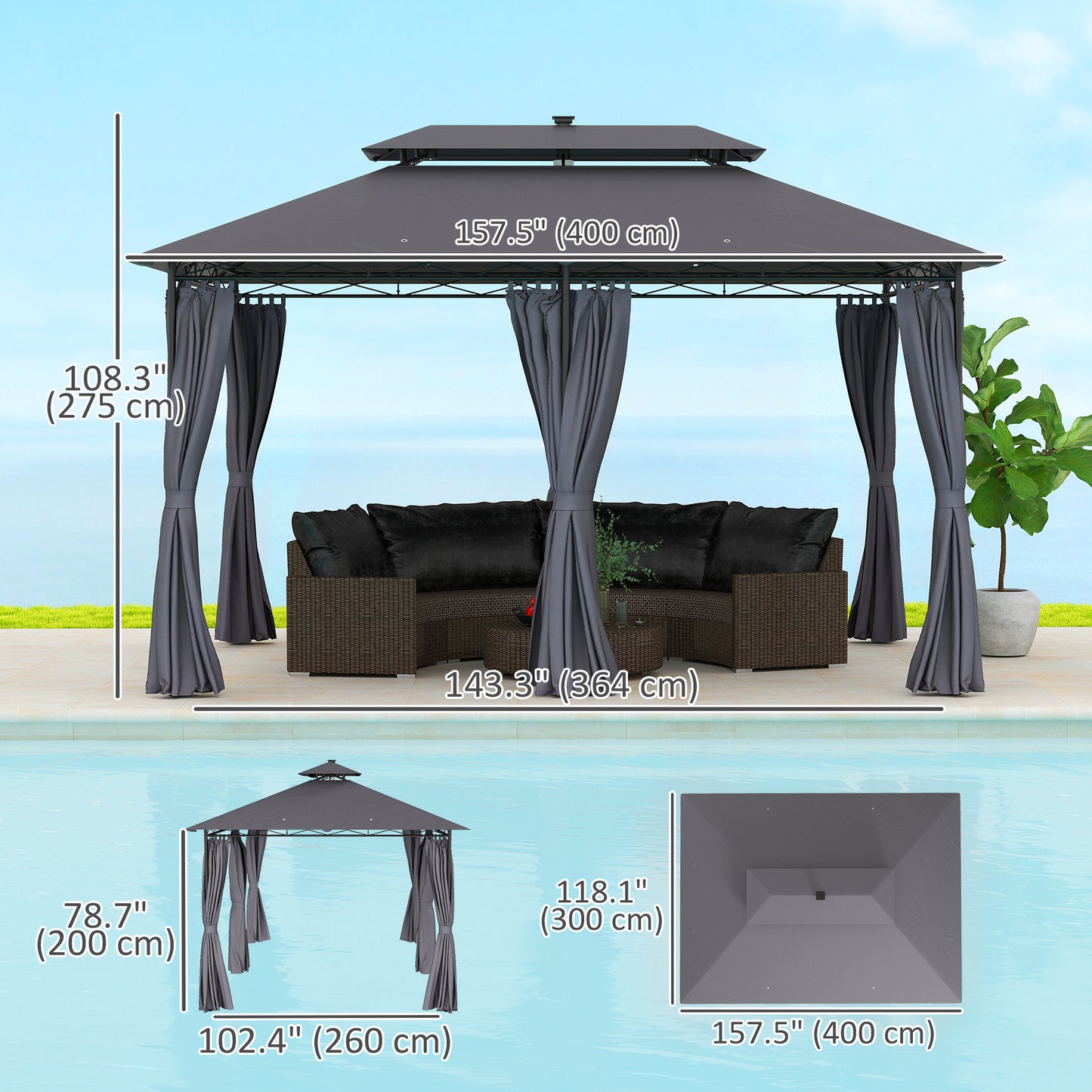Outsunny 10' x 13' Outdoor Gazebo with Curtains and Solar Powered LED Lights, Double Roof Patio Shelter