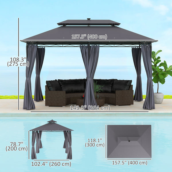 Gazebo d'extérieur 10' x 13' avec rideaux et lumières LED à énergie solaire, abri de patio à double toit