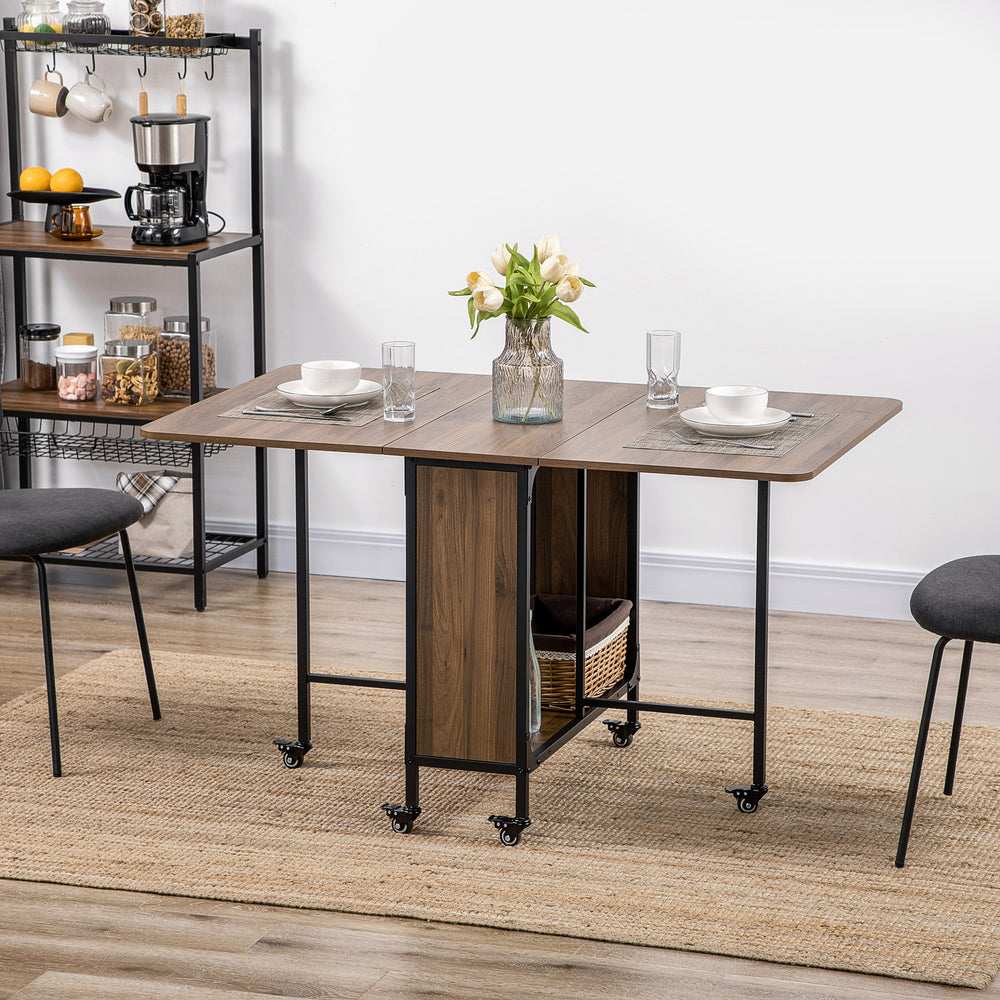 Folding dining table with storage shelf and 6 castors, light brown