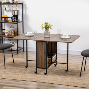 Table de salle à manger pliante avec étagère de rangement et 6 roulettes, marron clair