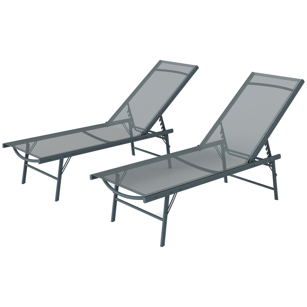 Lot de deux chaises longues ajustables gris clair avec assise respirante en maille et dossier inclinable pour terrasse ou jardin