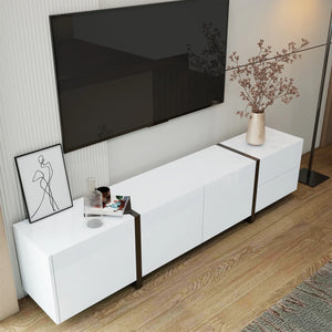 Meuble TV moderne avec finition brillante, grand espace de rangement avec tiroirs et armoires, blanc