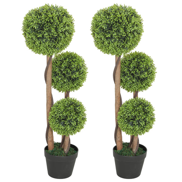 Ensemble de 2 arbres artificiels en buis à 3 boules de 90 cm avec pots – Vert clair