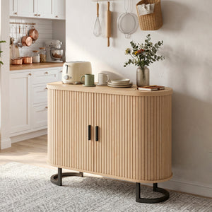 Sideboard Buffet Cabinet with Curved Tambour Doors, Thick Tabletop and Arc Metal Legs Natural Wood