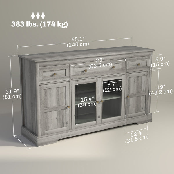 Buffet avec portes vitrées et étagères réglables, chêne gris patiné