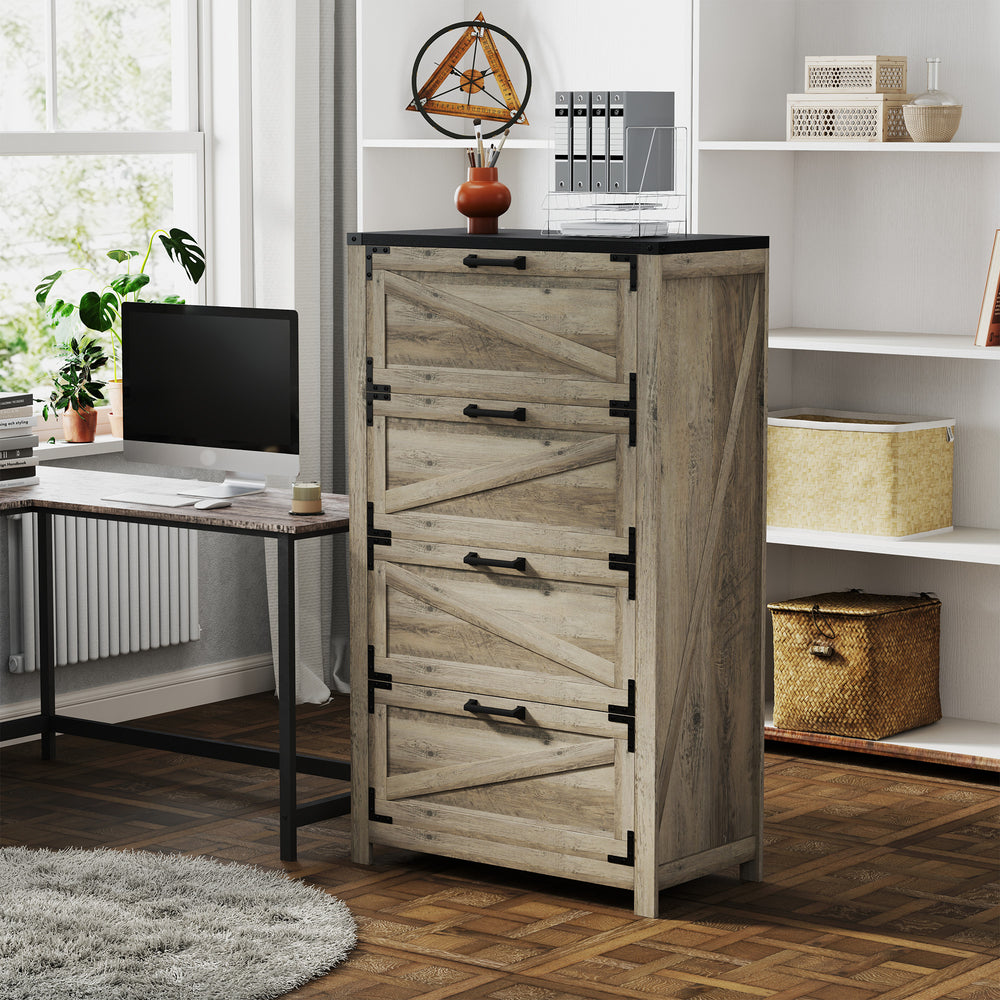 Classeur 4 tiroirs de style campagnard avec barres de suspension réglables pour format lettre, A4, légal, gris
