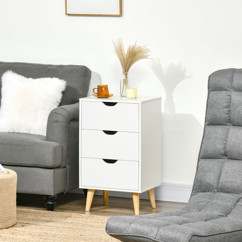 Table de chevet moderne à 3 tiroirs avec pieds en bois, blanc