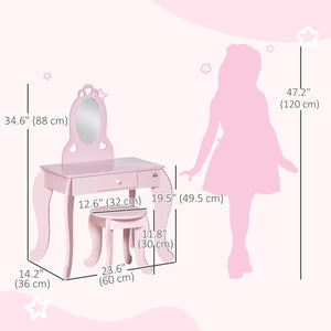 Coiffeuse pour enfants avec miroir et tabouret, rose