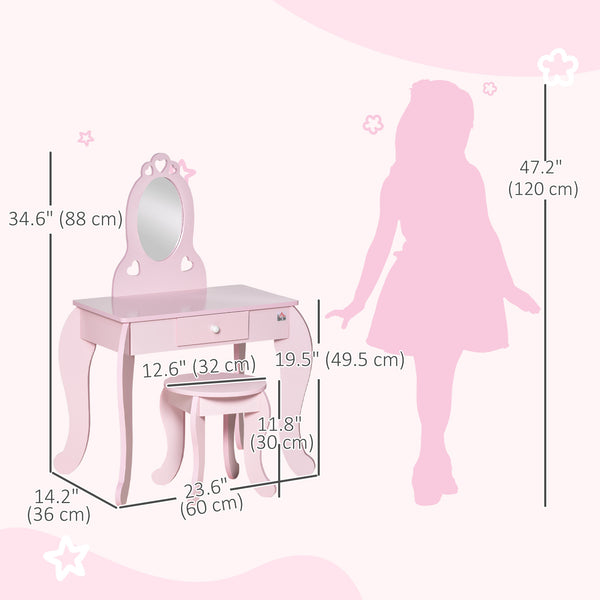 Coiffeuse pour enfants avec miroir et tabouret, rose