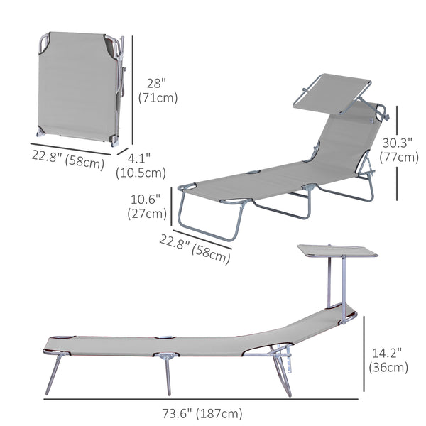 Folding and adjustable chaise longue with sunshade, white/grey 