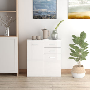Buffet laqué brillant avec 2 tiroirs et 2 portes, étagère réglable, blanc