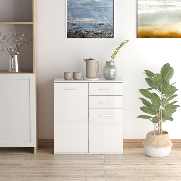 Buffet laqué brillant avec 2 tiroirs et 2 portes, étagère réglable, blanc