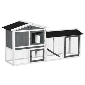 Wooden hutch with run, play tray, pull-out drawer, and ramp