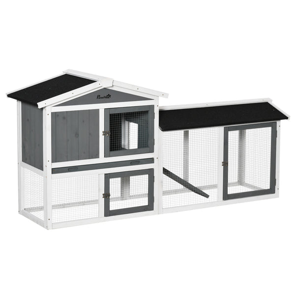 Wooden hutch with run, play tray, pull-out drawer, and ramp