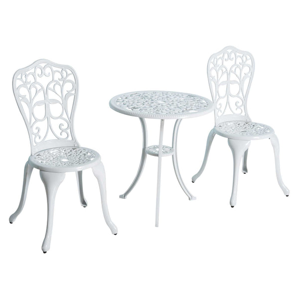 Ensemble de bistrot d'extérieur style antique 3 pièces, table et chaises de patio avec trou pour parasol, blanc