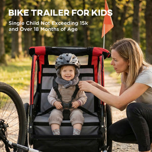 Remorque vélo enfant avec harnais 5 points, roues en caoutchouc 16 pouces, sac de rangement, à partir de 18 mois, rouge.