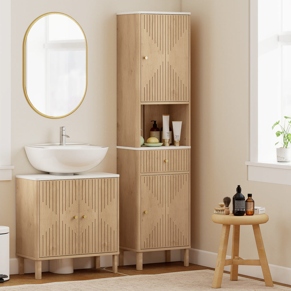 Oak-effect tall bathroom cabinet with 2 cupboards, drawer and open shelf, Oak effect