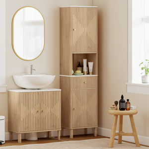 Armoire haute de salle de bain effet chêne avec 2 armoires, tiroir et tablette ouverte, Effet chêne