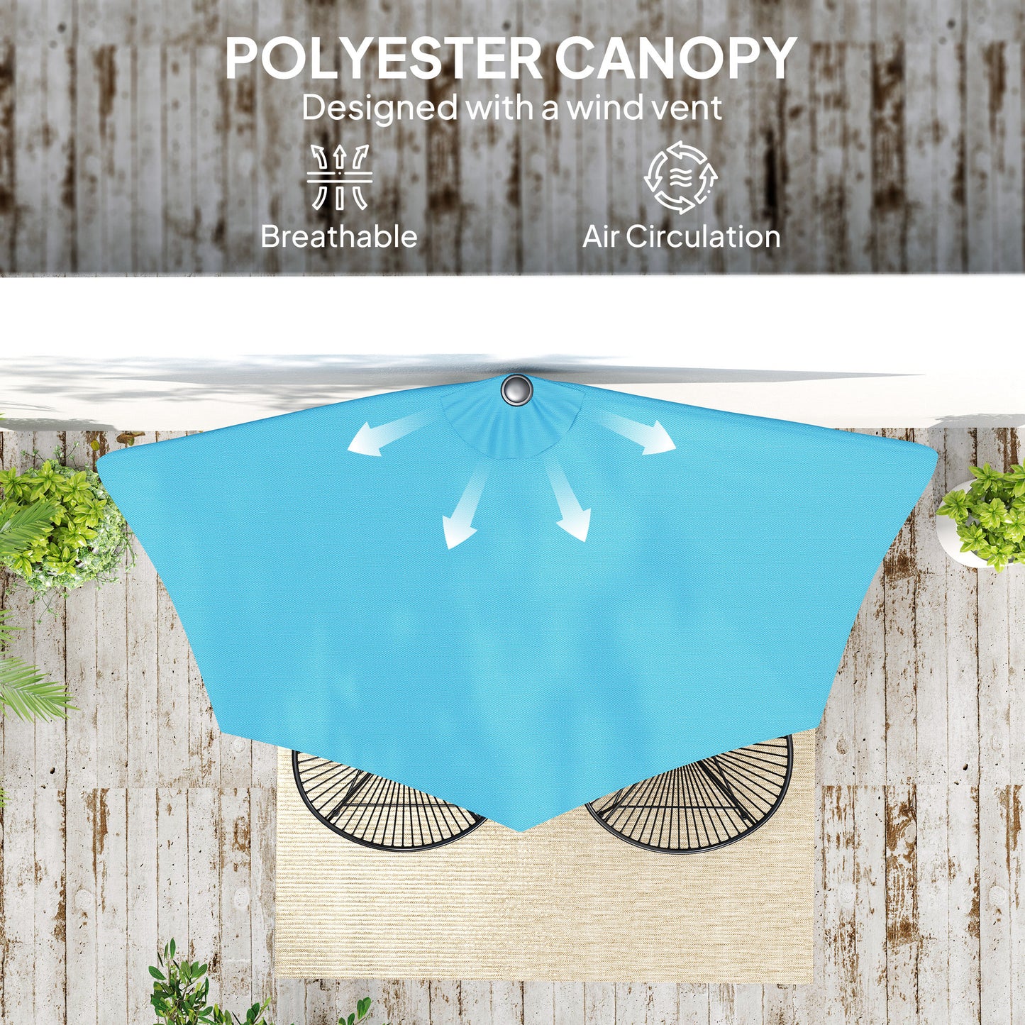Outsunny 2.7m Half Round Parasol for Patio, Garden, Balcony, Window, Sun Shade with 5 Ribs, Light Blue