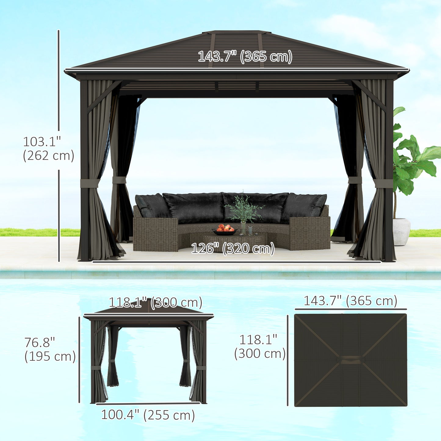 Gazebo à toit rigide de luxe en aluminium avec toit en métal et abri solaire de jardin