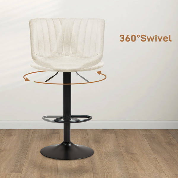 Set of 2 height-adjustable leather bar stools with swivel seats, cream white