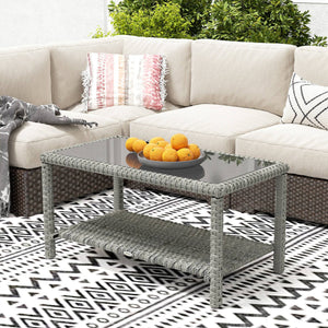 Table basse d'extérieur 35" en osier avec plateau en verre et étagère de rangement, gris foncé