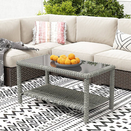 Table basse d'extérieur 35" en osier avec plateau en verre et étagère de rangement, gris foncé